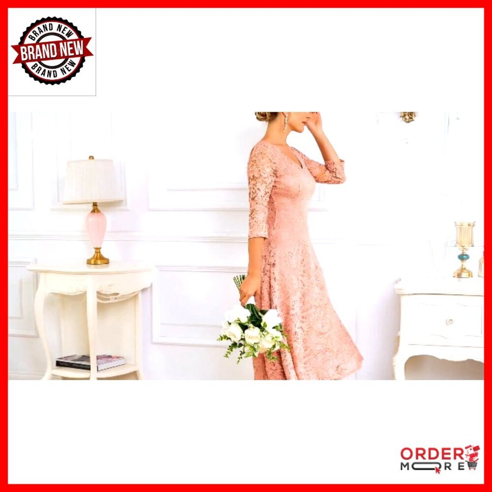 Long Sleeve Lace Midi Dress A-Line Formal Wedding Guest Party Cocktail - Picture 7 of 7